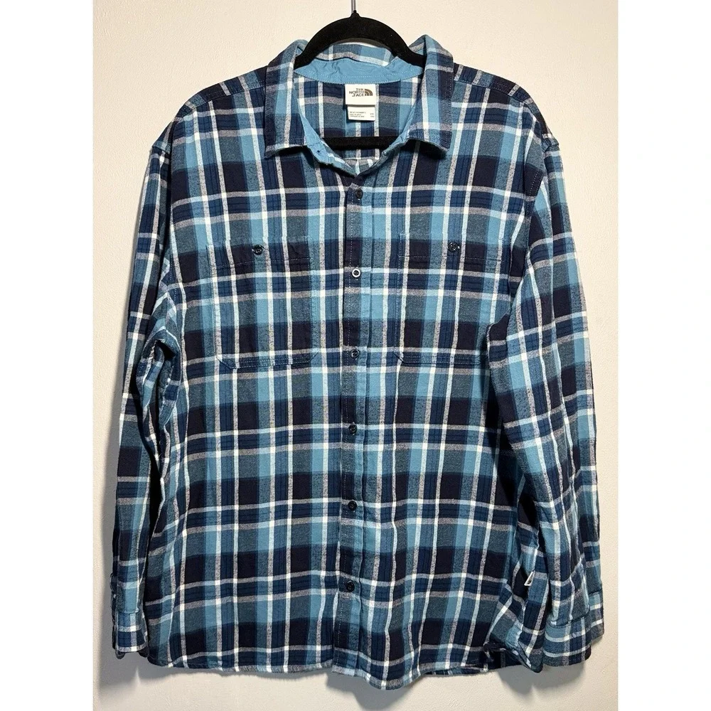 The North Face Flannel Button Up Shirt Men's Size 2XL Blue Plaid Long Sleeve